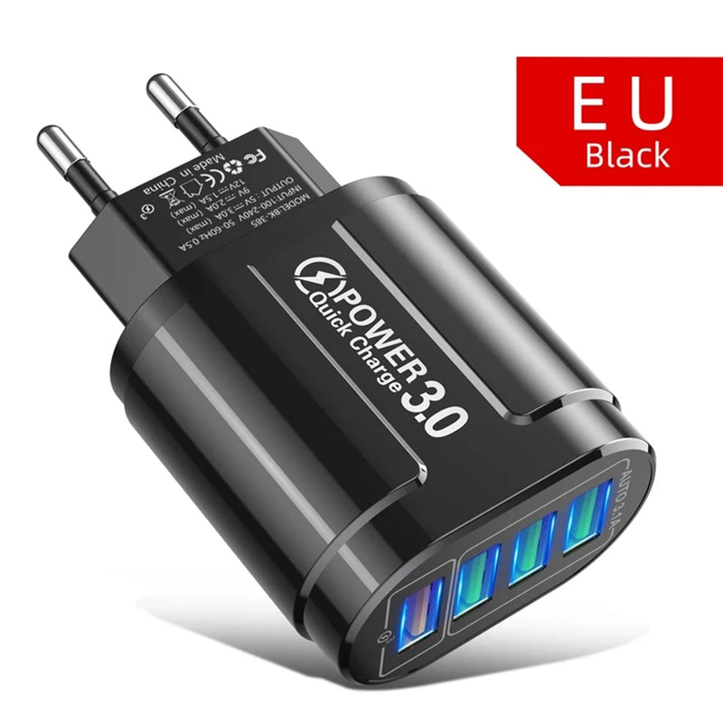 QC3.0 Carregador Rápido para Viagem, 48W, 4USB, Padrão da UE, Portátil, 4 Portas, Carregamento Rápido, Adequado para Android, iPhone, Xiaomi, Outros Dispositivos