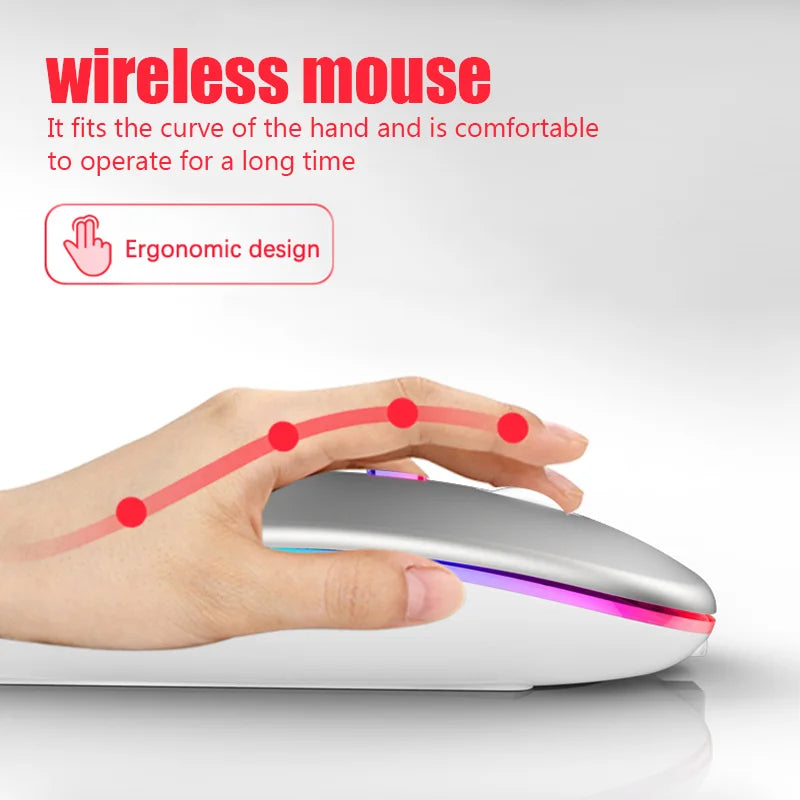 Mouse ergonômico sem fio para jogos, ratos silenciosos, LED retroiluminado, Bluetooth, RGB, recarregável, apto para laptop, PC