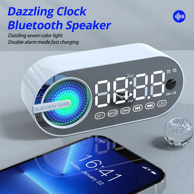 Sem fio Bluetooth Speaker Despertador, Espelho LED, Relógio Digital, Grande Display, RGB, TWS, USB, FM, Sala de estar, Decoração do escritório