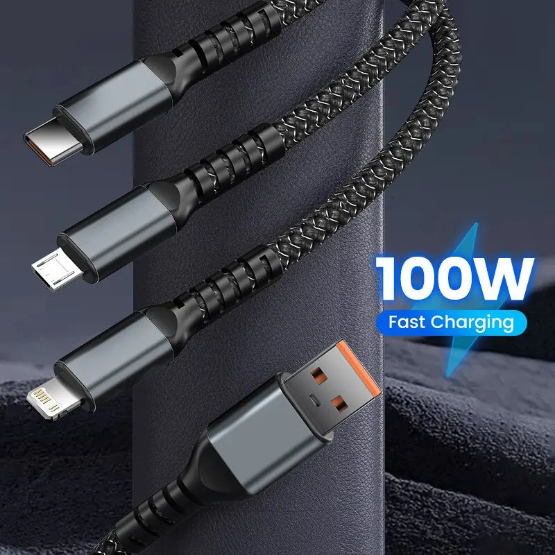 USB para Tipo-C Micro Carregador Rápido Cabo, 100W, 5A, 3-em-1, Carregador para iPhone 14, 13, Samsung, Xiaomi, Huawei, iPhone 14, 13