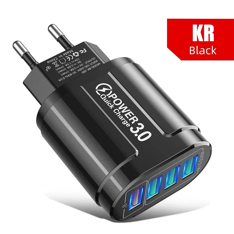 QC3.0 Carregador Rápido para Viagem, 48W, 4USB, Padrão da UE, Portátil, 4 Portas, Carregamento Rápido, Adequado para Android, iPhone, Xiaomi, Outros Dispositivos