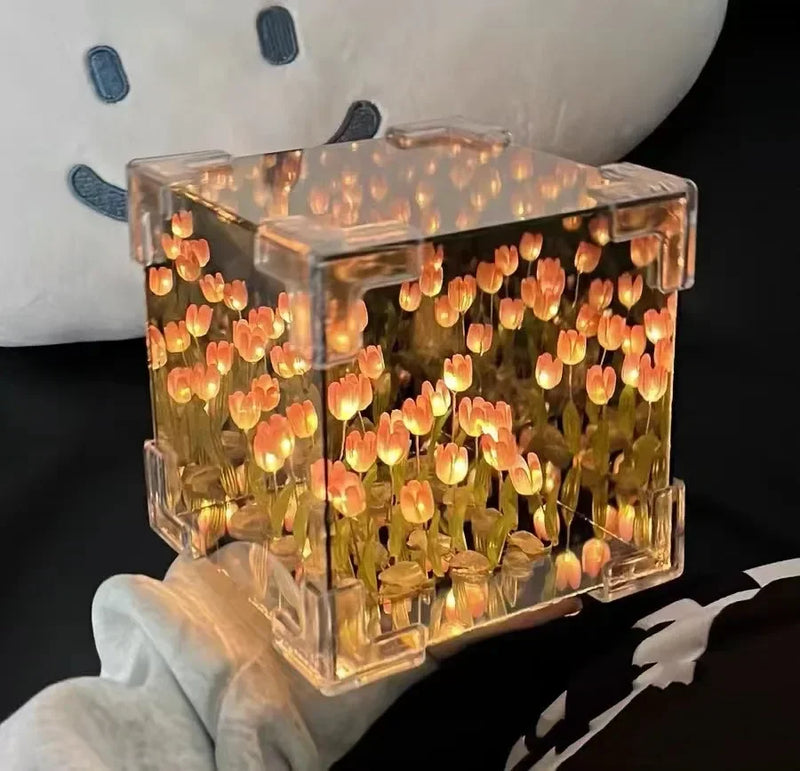 Criativo diy tulipa flor mar cubo tridimensional pequena lâmpada noturna pacote de material para namorada casal