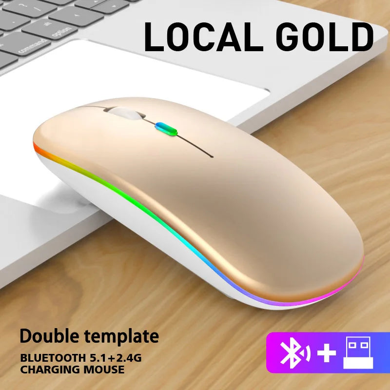 Mouse ergonômico sem fio para jogos, ratos silenciosos, LED retroiluminado, Bluetooth, RGB, recarregável, apto para laptop, PC