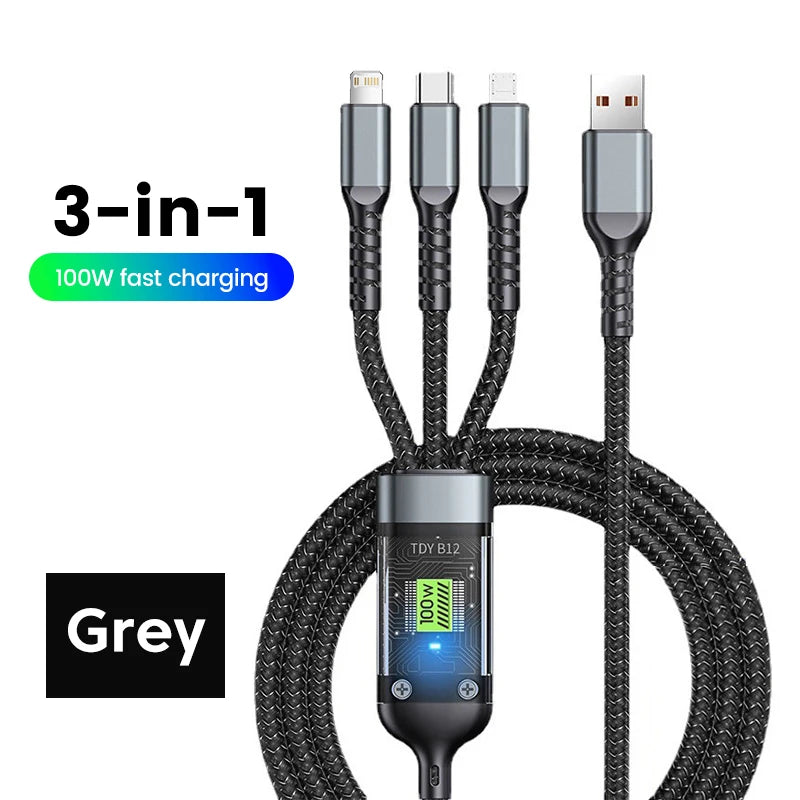 USB para Tipo-C Micro Carregador Rápido Cabo, 100W, 5A, 3-em-1, Carregador para iPhone 14, 13, Samsung, Xiaomi, Huawei, iPhone 14, 13