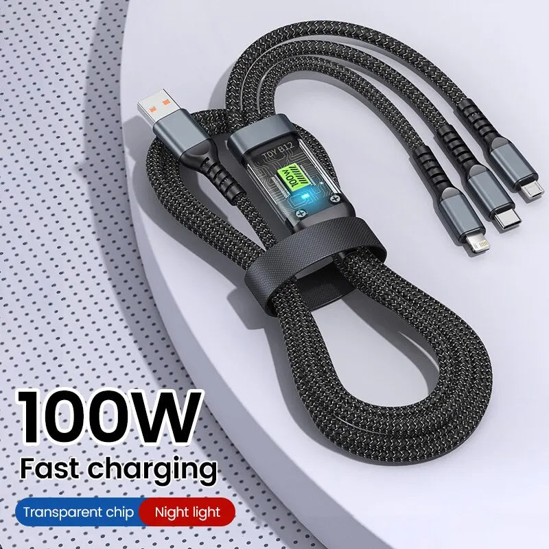 USB para Tipo-C Micro Carregador Rápido Cabo, 100W, 5A, 3-em-1, Carregador para iPhone 14, 13, Samsung, Xiaomi, Huawei, iPhone 14, 13