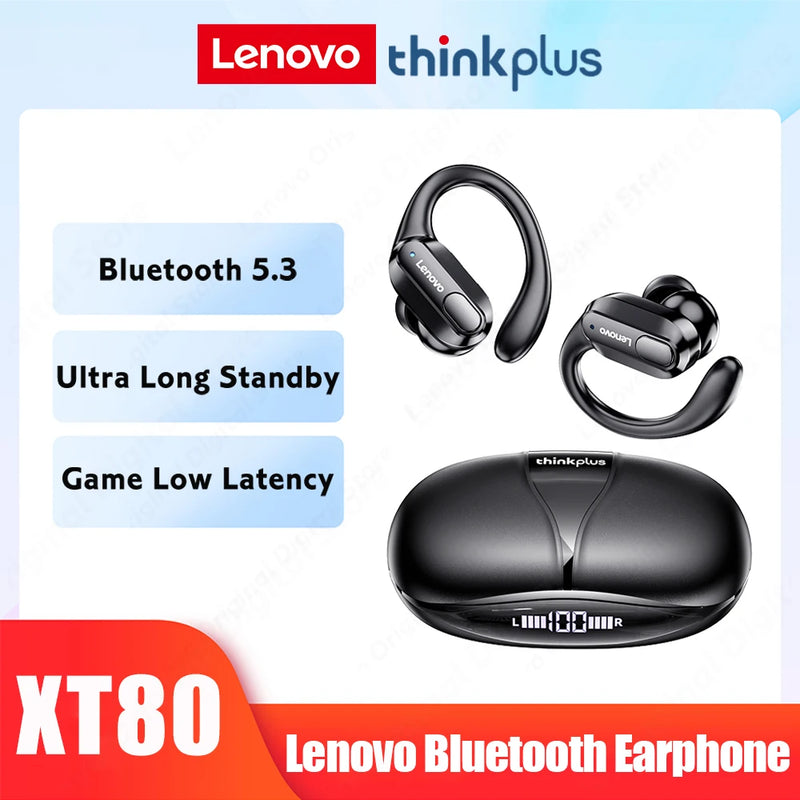 Lenovo xt80 esportes fones de ouvido sem fio com microfones, controle de botão, display de potência led, som estéreo hifi