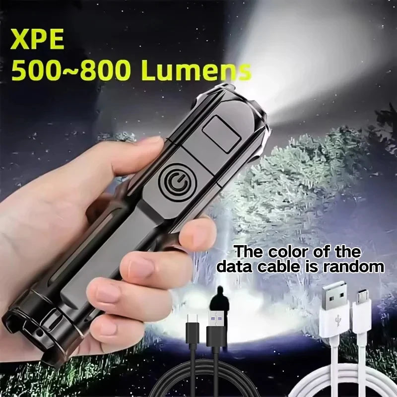 Lanternas LED fortes com USB, zoom telescópico tocha tática, lanterna de acampamento de longo alcance, 4 modos de iluminação