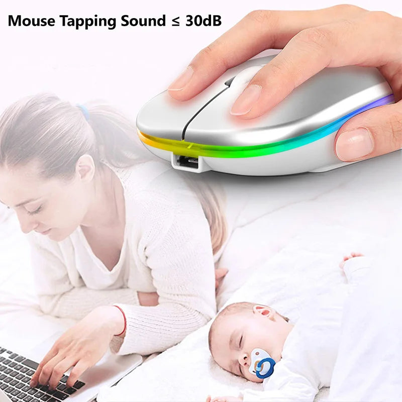 Mouse ergonômico sem fio para jogos, ratos silenciosos, LED retroiluminado, Bluetooth, RGB, recarregável, apto para laptop, PC